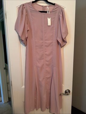 Anthropologie Light Pink Midi Dress with Puff Sleeves